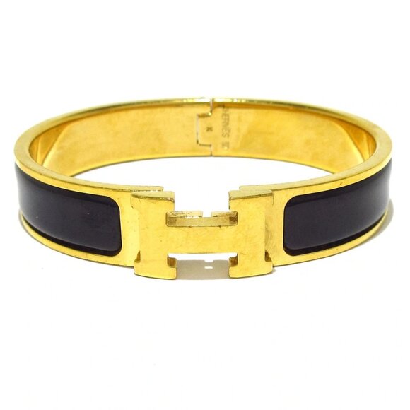 Auth HERMES Clic Clac Gold Black Hardware Bangle - Picture 1 of 6
